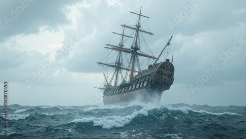 Dramatic image of a wooden clipper ship in a stormy sea with towering waves and storm clouds