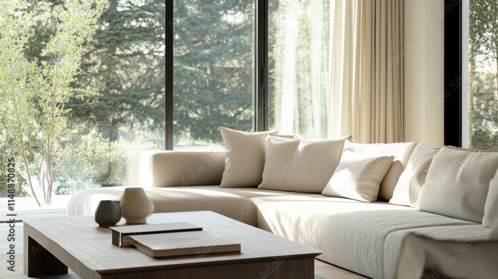 Fototapeta premium Modern minimalist living space with elegant, clean design. Featuring sleek lines and soft colors