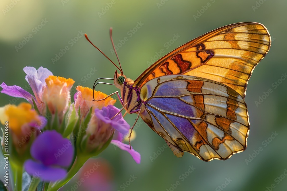 A butterfly with orange, purple, and gold wings fluttering around a multi-colored flower, captured in crystal-clear ultra HD with vivid colors. A butterfly with orange, purple, and gold wings fluttering around a multi-colored flower, captured in crystal-clear ultra HD with vivid colors.