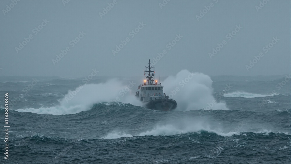 Intense storm at sea with small patrol ship battling rough waves and heavy rain lights barely visible Intense storm at sea with small patrol ship battling rough waves and heavy rain lights barely visible