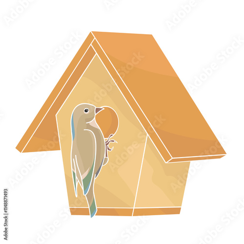 Wooden wildlife birdhouse and bird