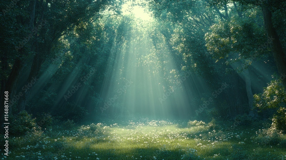 Fototapeta premium Sunbeams illuminate a clearing in a misty forest.