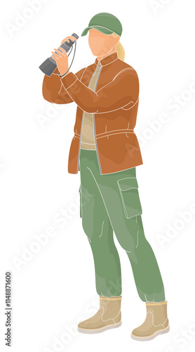 women birdwatching with spotting scope in outdoor clothes