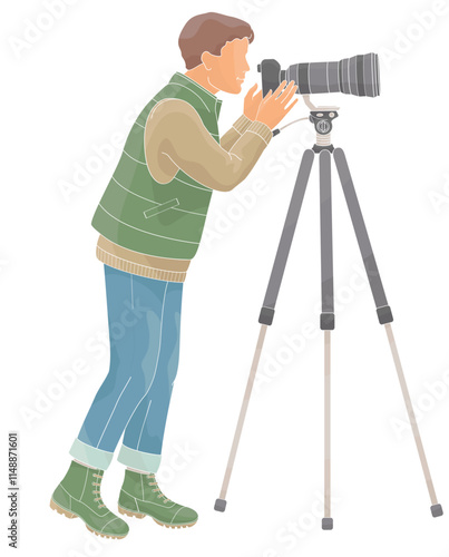 man birdwatching with telephoto camera on tall tripod in outdoor clothes