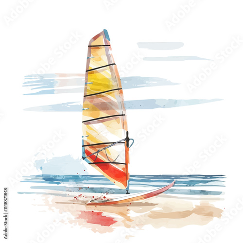 A watercolor vector of a windsurfing board on a calm beach, isolated on a white background. Windsurfing vector.
