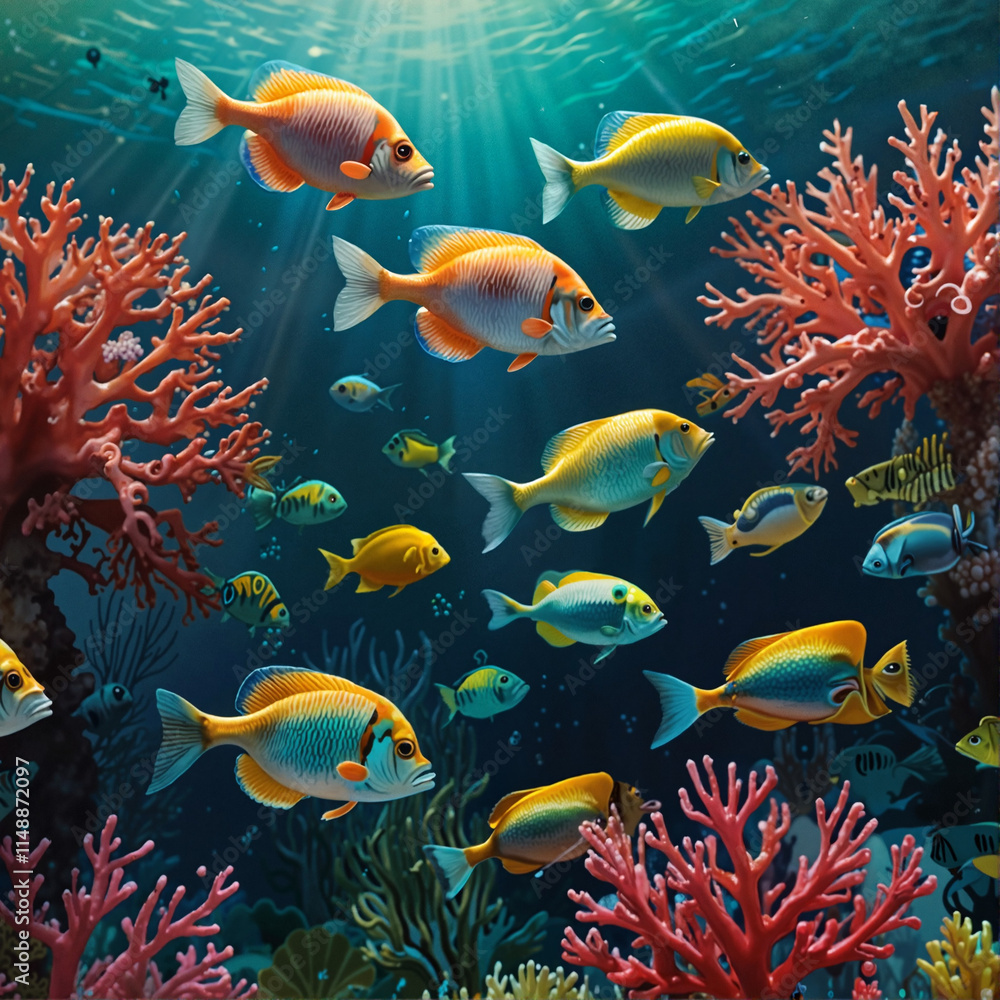 Naklejka premium Sea fish gliding gracefully over a bright coral reef, intricate emerald green and bright yellow patterns