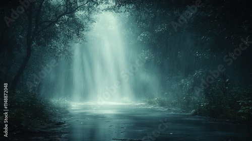 Sunbeams illuminate a misty forest path.