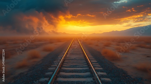 Dramatic sunset over desert landscape with railway tracks vanishing into the distance. (1) photo