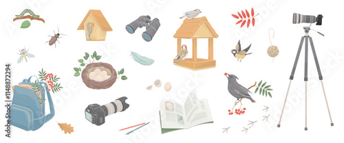 set elements about birdwatching, binoculars, camera, insects, birds, feeder, notebook, bird nest, bird eggs, bird traces