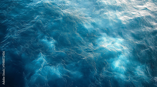 aerial view of the deep blue sea, showcasing its dynamic surface with waves symbolizing chaos, freedom, and life's unpredictable flow. A scene evoking wonder and introspection