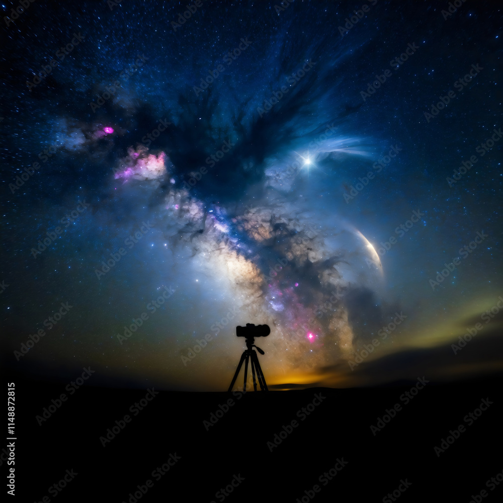 Milky Way Galaxy Arch In Night Sky With Camera Silhouette Milky Way Galaxy Arch In Night Sky With Camera Silhouette