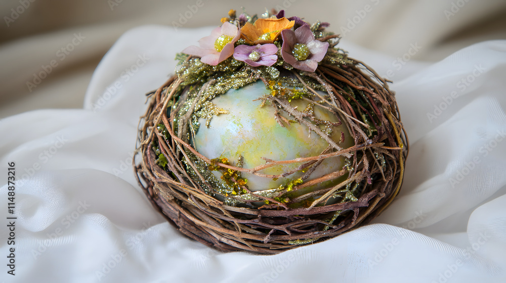 A delicately crafted Easter egg, nestled in a twig nest and adorned with pastel flowers. The egg's soft, painted surface adds to its charm, perfect for spring decorations or festive displays. A delicately crafted Easter egg, nestled in a twig nest and adorned with pastel flowers. The egg's soft, painted surface adds to its charm, perfect for spring decorations or festive displays.