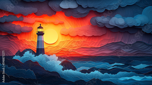 Modern Papercut Lighthouse on Rocky Shore