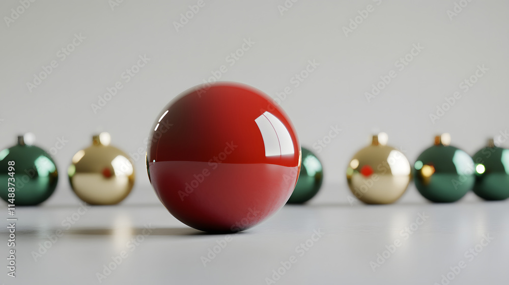A single red Christmas ornament stands out in front of a blurred background of gold and green ornaments. The red ball is glossy and reflective. Simple, elegant holiday image. A single red Christmas ornament stands out in front of a blurred background of gold and green ornaments. The red ball is glossy and reflective. Simple, elegant holiday image.