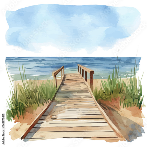 A watercolor drawing of a wooden beach boardwalk leading to the shore, isolated on a white background. Beach boardwalk vector.
