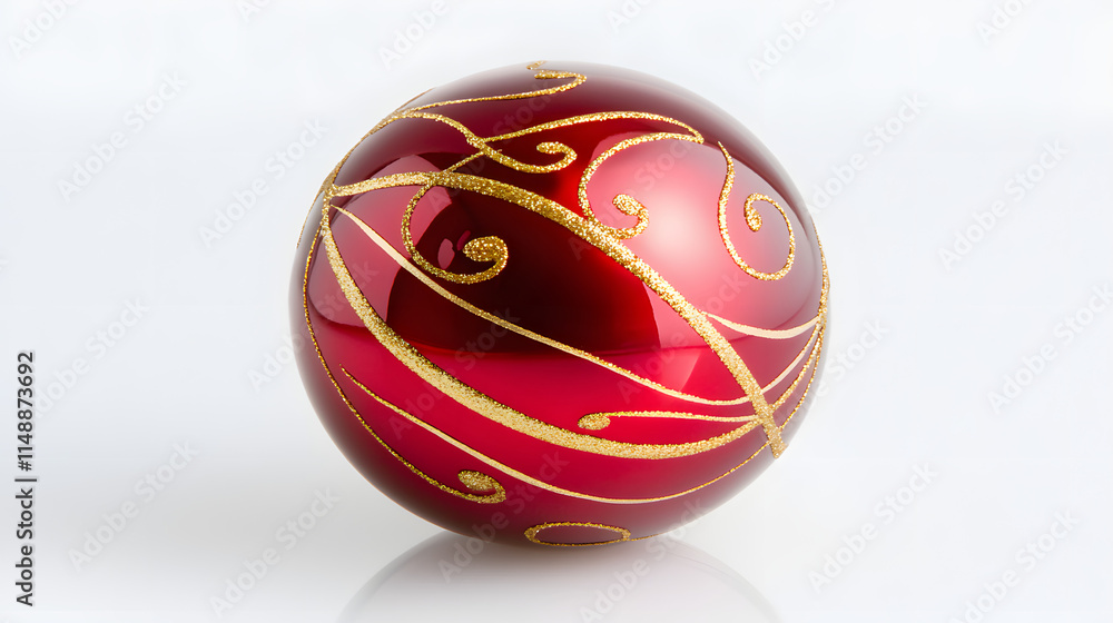 A single, elegant red Christmas ornament with gold swirling designs rests on a white background. Perfect for holiday cards, decorations, and festive designs. A single, elegant red Christmas ornament with gold swirling designs rests on a white background. Perfect for holiday cards, decorations, and festive designs.