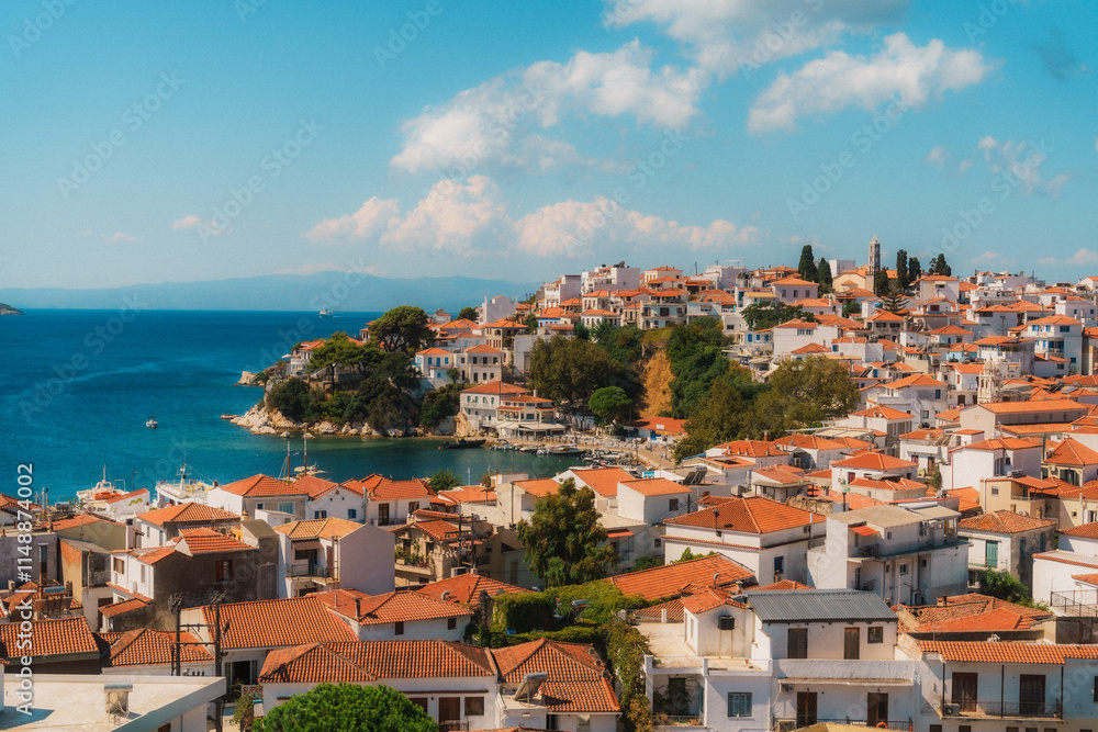 Fototapeta premium Traditional whitewashed houses with orange roofs cover the hillside of skiathos town, creating a charming scene overlooking the aegean sea
