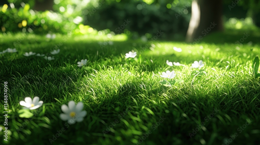 Naklejka premium Sunlit grassy meadow with white wildflowers.