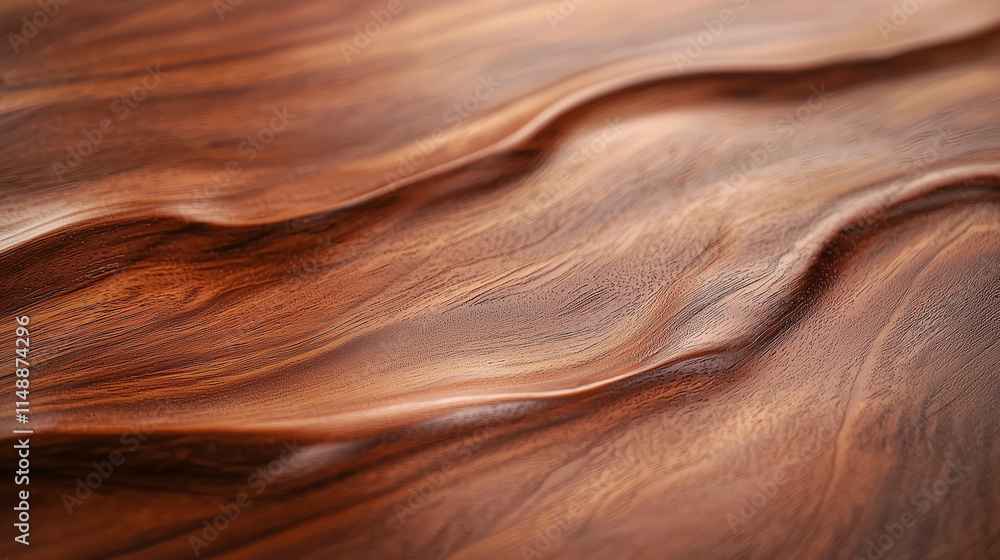 Obraz premium A polished mahogany wood surface with a glossy finish, reflecting deep reddish-brown hues and subtle light highlights that accentuate its luxurious texture.