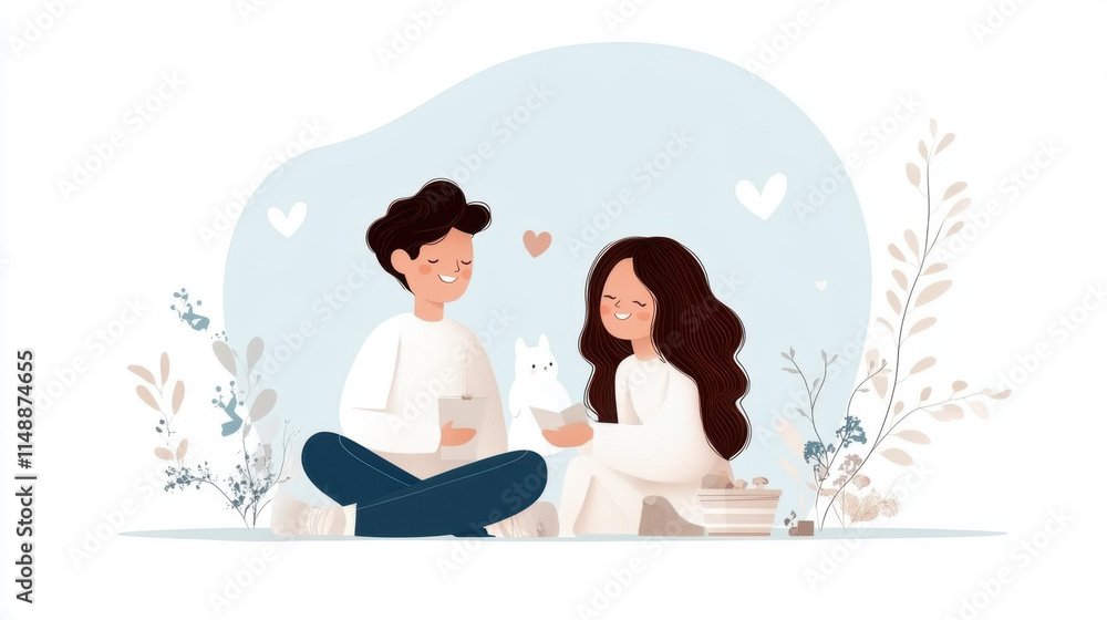 A cheerful illustration of a couple enjoying time together, surrounded by plants and hearts, reflecting love and companionship. A cheerful illustration of a couple enjoying time together, surrounded by plants and hearts, reflecting love and companionship.