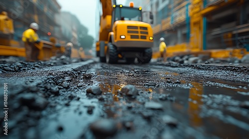Fototapeta Naklejka Na Ścianę i Meble -  Dawn breaks over a construction site featuring machinery and wet urban streets pictures