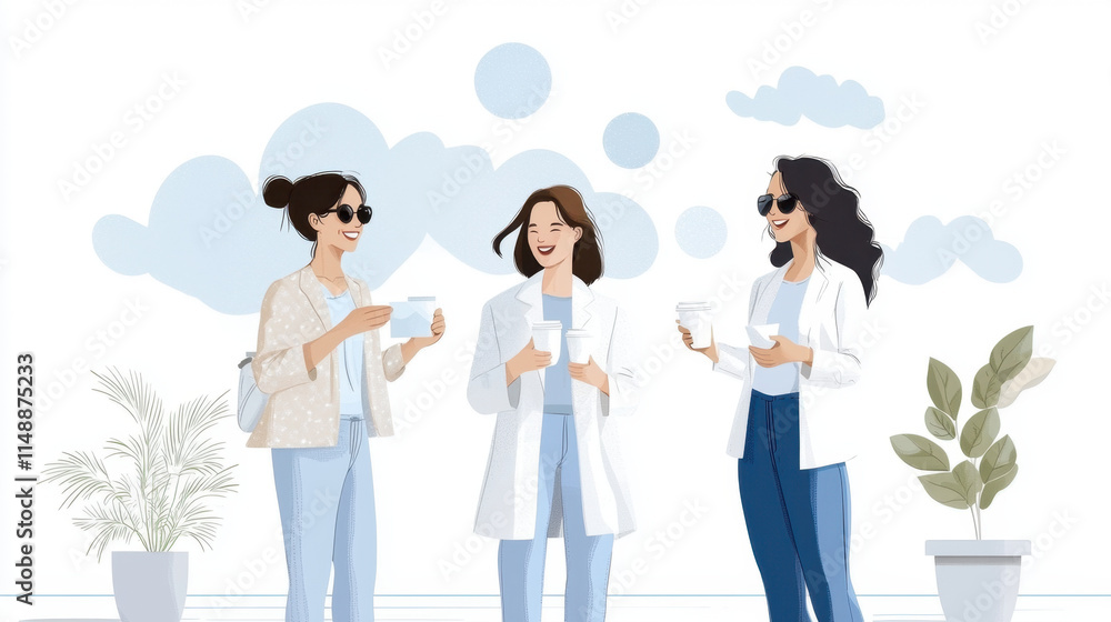 Three women in casual outfits converse and enjoy drinks amidst plants and a light blue background, conveying a relaxed and friendly atmosphere. Three women in casual outfits converse and enjoy drinks amidst plants and a light blue background, conveying a relaxed and friendly atmosphere.