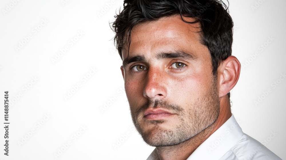 Close-up portrait of a serious, handsome man with dark hair and stubble wearing a white shirt against a plain white background. Close-up portrait of a serious, handsome man with dark hair and stubble wearing a white shirt against a plain white background.