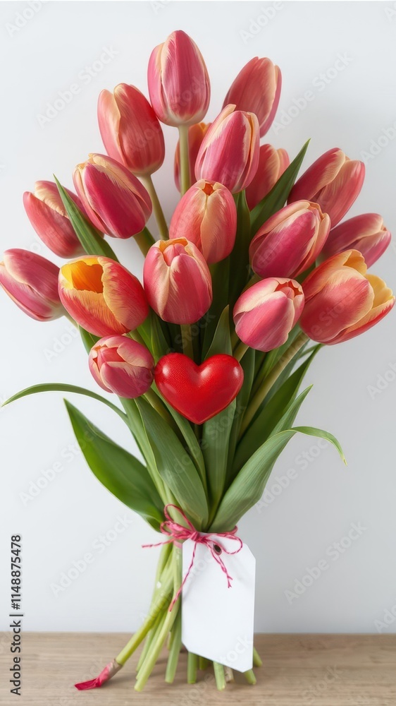 Fototapeta premium Vibrant tulips bouquet, red heart, gift tag, fresh,bloom,love