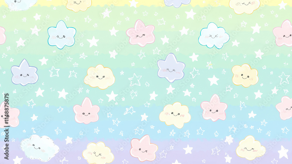 Fototapeta premium A seamless pastel rainbow background adorned with tiny kawaii-style smiling stars, fluffy clouds, and colorful candy shapes, creating a cheerful and whimsical atmosphere, perfect for playful designs.