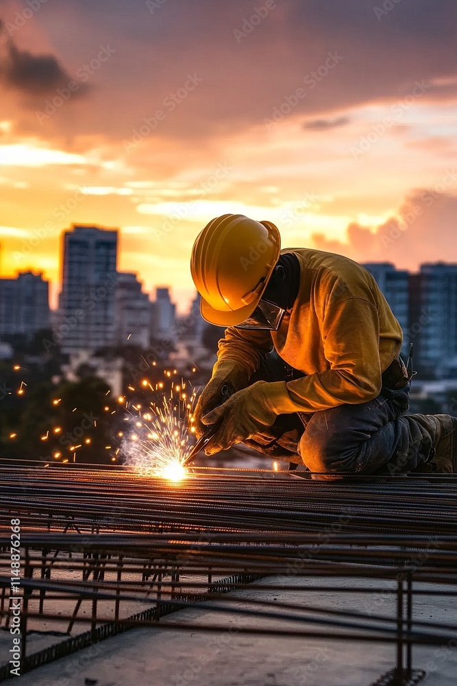 Construction Worker Welding Metal Rods at Sunset with Sparks and Urban Skyline in Background Construction Worker Welding Metal Rods at Sunset with Sparks and Urban Skyline in Background