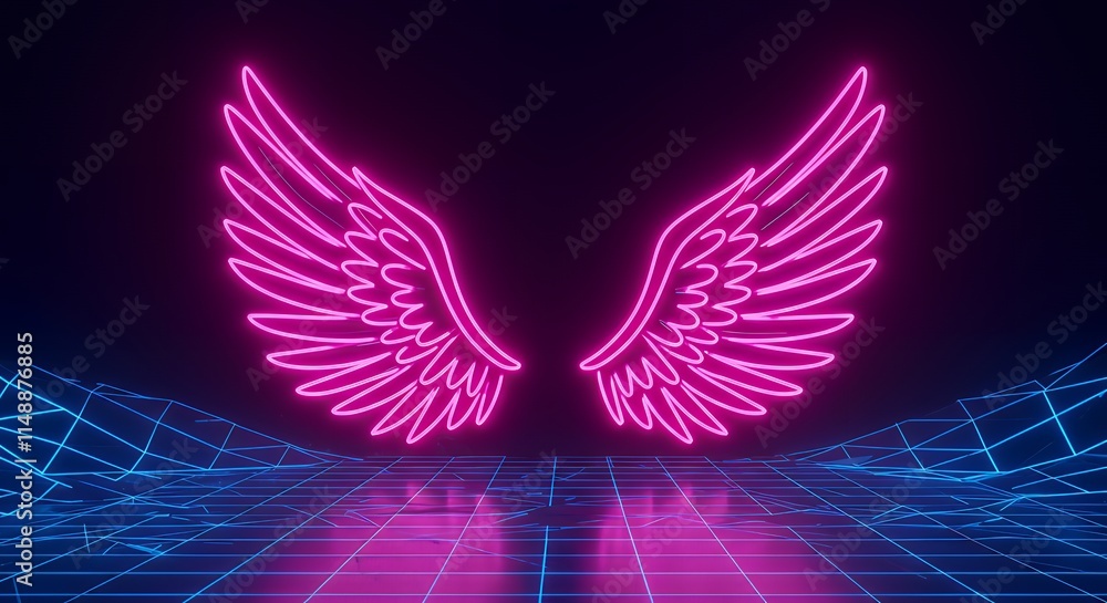 Fototapeta premium vibrant neon angel wings on uv geometric background - cyberspace futuristic concept in pink and blue lights.
