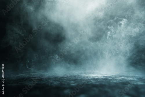 Dense blue fog filling a dark empty room illuminated by a bright spotlight, creating a mysterious and eerie atmosphere