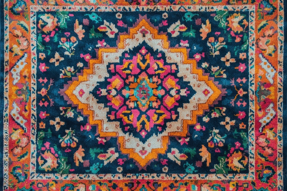 Close-up view of a vibrant persian rug, showcasing intricate floral patterns and geometric designs in a rich palette of colors, perfect for adding an exotic touch to interior design Close-up view of a vibrant persian rug, showcasing intricate floral patterns and geometric designs in a rich palette of colors, perfect for adding an exotic touch to interior design