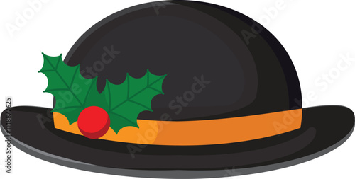 Christmas bowler hat decorated with orange ribbon and ilex aquifolium leaves and berries, perfect for celebrating christmas holidays with style and elegance