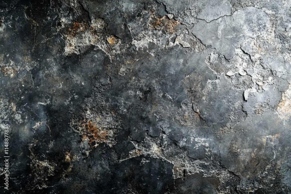 Textured background featuring a dark, weathered concrete wall with cracks, rust, and decay, creating a grunge aesthetic Textured background featuring a dark, weathered concrete wall with cracks, rust, and decay, creating a grunge aesthetic
