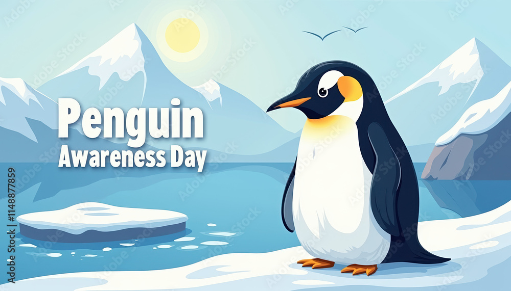 Naklejka premium A lively banner for Penguin Awareness Day featuring cheerful penguins in a wintery scene, aimed at raising awareness for conservation efforts.