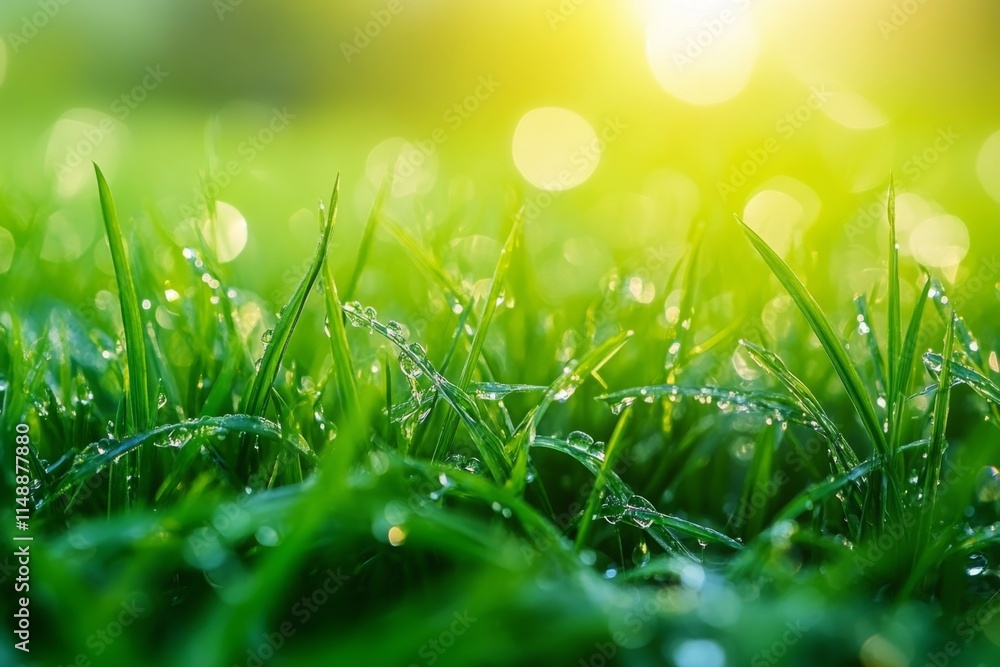 Dew drops shining on blades of grass in morning sunlight, creating a fresh, vibrant scene of nature's beauty Dew drops shining on blades of grass in morning sunlight, creating a fresh, vibrant scene of nature's beauty