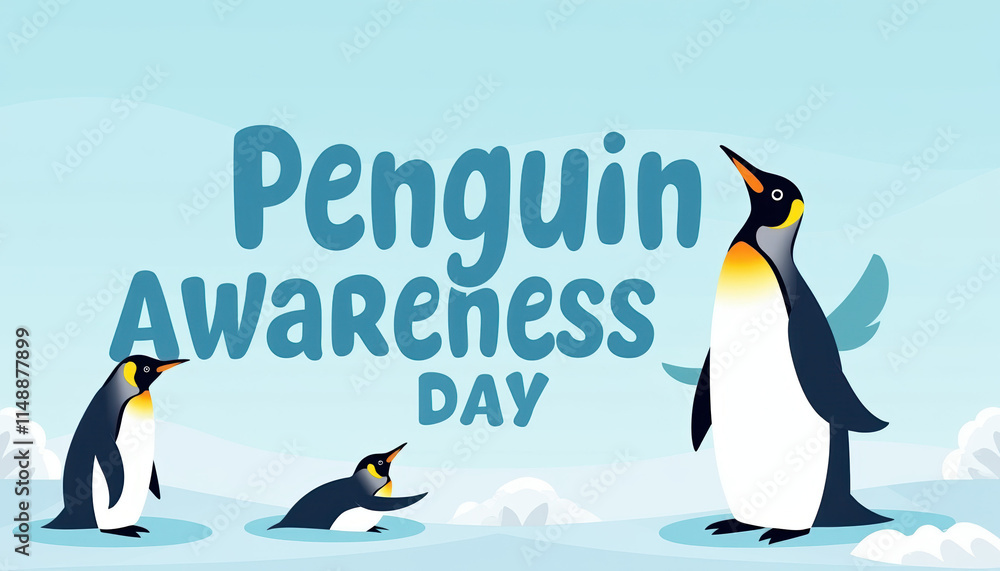 Fototapeta premium A charming banner for Penguin Awareness Day showcasing animated penguins, designed to inform and engage the public on wildlife conservation.