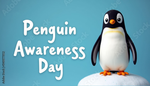 A delightful banner for Penguin Awareness Day, showcasing a cute penguin character in a snowy icy landscape promoting wildlife education. photo