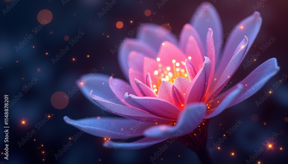 Fototapeta premium A dark, glowing fantasy flower known as a pink enthezi against a soft background, exhibiting luminous petals that enhance the magical ambiance of a serene garden.