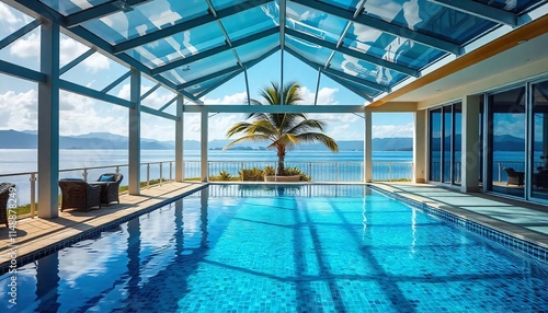 A large outdoor pool surrounded by a covered patio with a glass roof, overlooking a scenic lake or ocean view. 