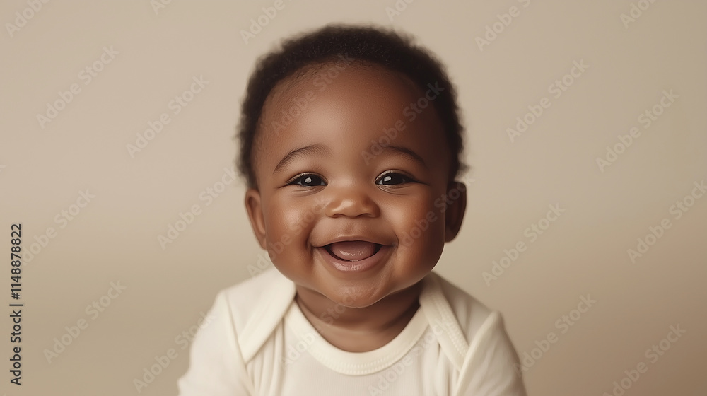 A bright and cheerful portrait of a baby smiling in a minimalist white onesie, with a plain background and natural lighting, focusing entirely on the babyâs expression. A bright and cheerful portrait of a baby smiling in a minimalist white onesie, with a plain background and natural lighting, focusing entirely on the babyâs expression.