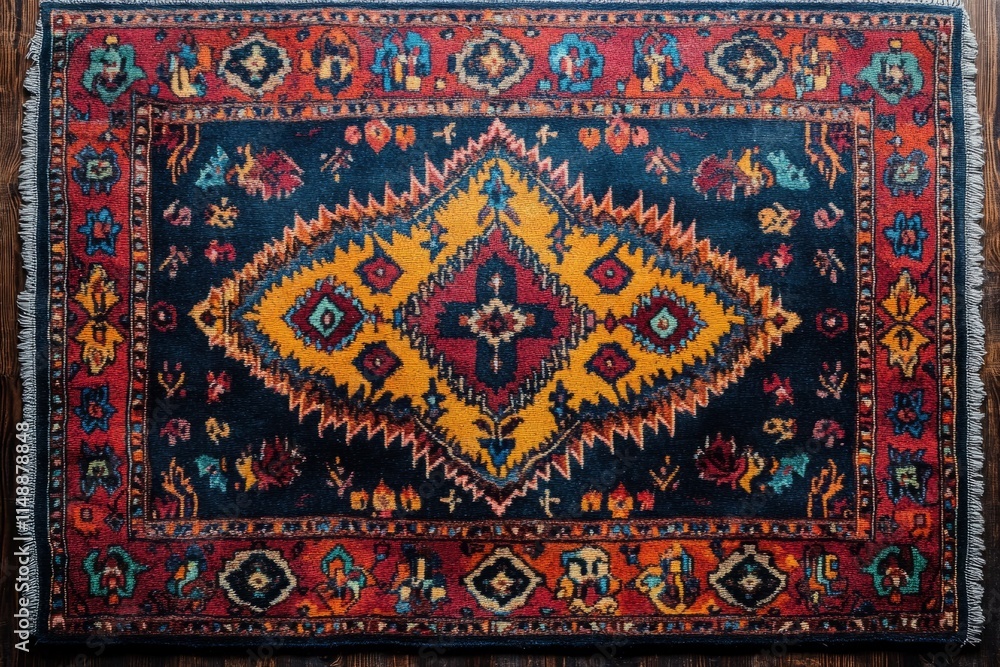 Traditional persian rug with vibrant colors and geometric design, adding warmth and cultural touch to a wooden floor Traditional persian rug with vibrant colors and geometric design, adding warmth and cultural touch to a wooden floor