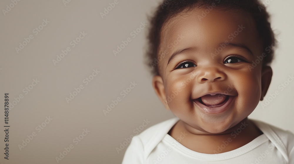 A bright and cheerful portrait of a baby smiling in a minimalist white onesie, with a plain background and natural lighting, focusing entirely on the babyâs expression. A bright and cheerful portrait of a baby smiling in a minimalist white onesie, with a plain background and natural lighting, focusing entirely on the babyâs expression.