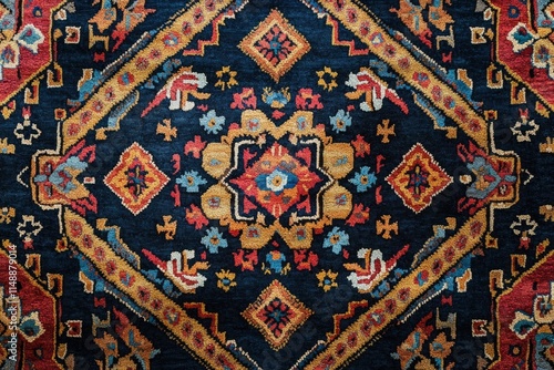 Close-up view of a richly decorated persian rug, showcasing intricate patterns and a captivating blend of colors