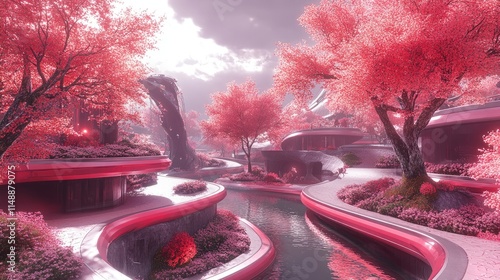 Futuristic Pink Cityscape With Blossom Trees And Waterway photo