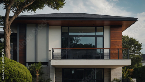 Contemporary two-story house with dark gray roof, white walls, and dark wood accents. Features a balcony with a metal railing on the second floor and large windows.  Landscaping partially visible. photo