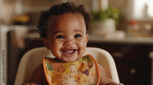 A smiling baby wearing a colorful bib, sitting in a high chair, with a blurred kitchen background and natural light streaming in, adding a sense of home and comfort. photo