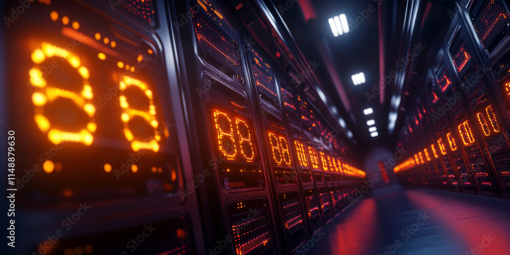 Obraz premium High tech data center with glowing orange displays and sleek design