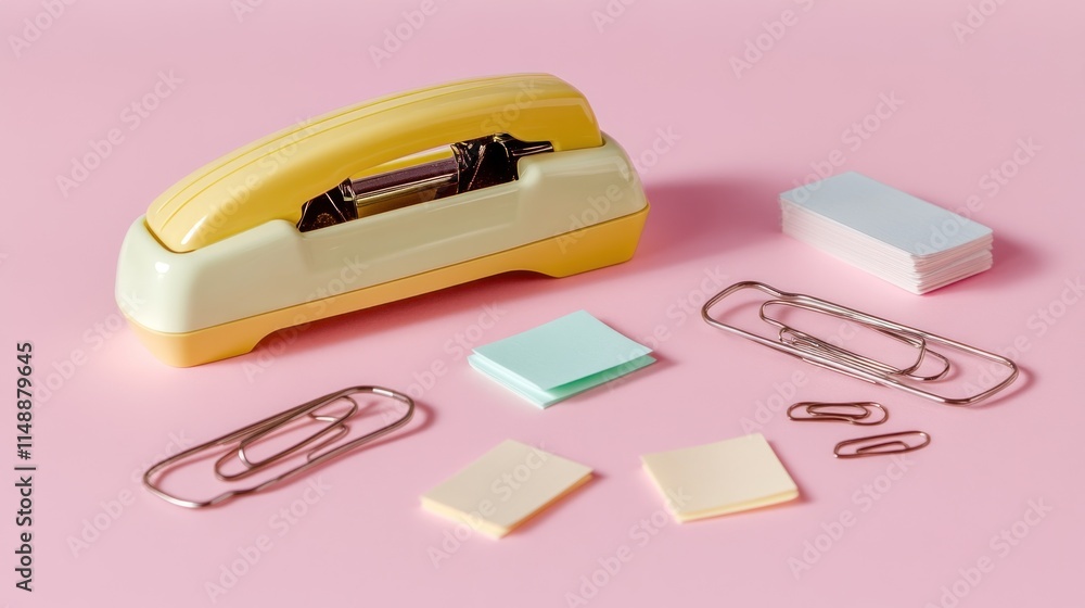 Retro stapler, paper clips, sticky notes on pink background. Retro stapler, paper clips, sticky notes on pink background.